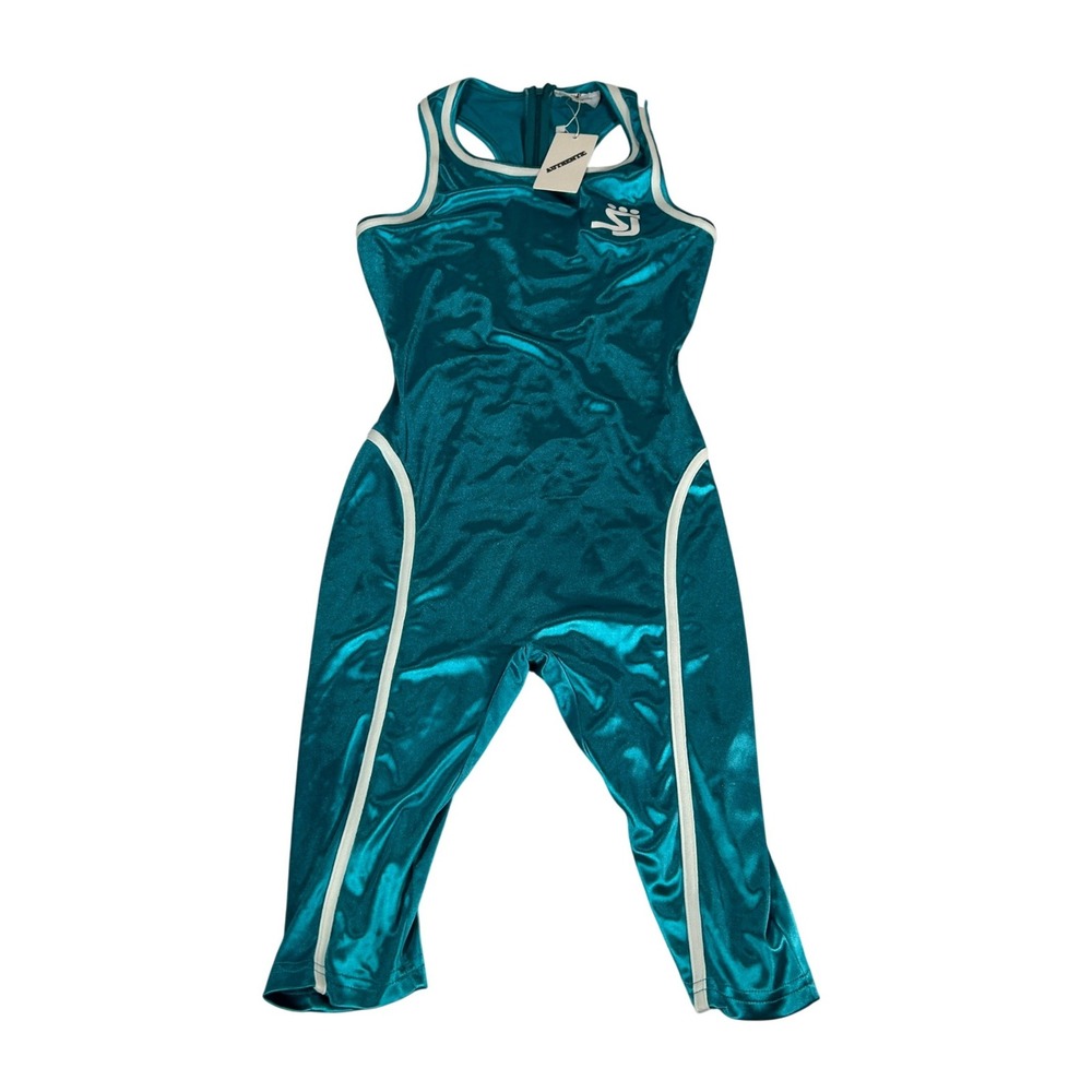 Shane Justin Runway Teal Metallic Athletic Bodycon Jumpsuit Romper Womens Small